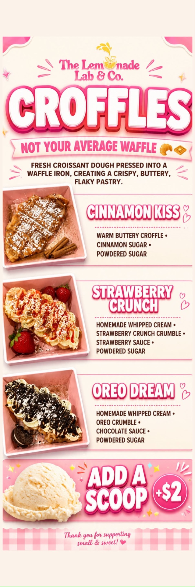 The Lemonade Lab & Co croffles menu featuring Cinnamon Kiss, Strawberry Crunch, and Oreo Dream