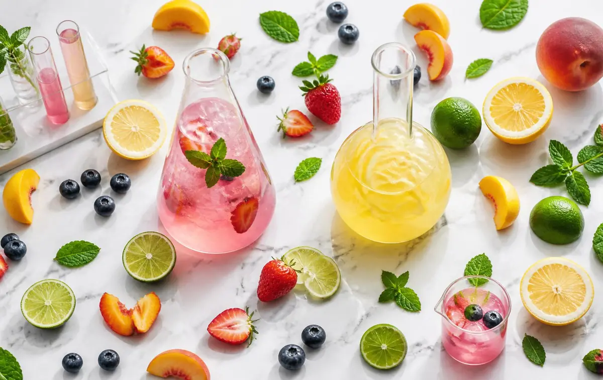 The Lemonade Lab & Co signature flavor menu board featuring Spiked Sunset, Twisted Berry, Princess Peach, and Jolly Rancher lemonades